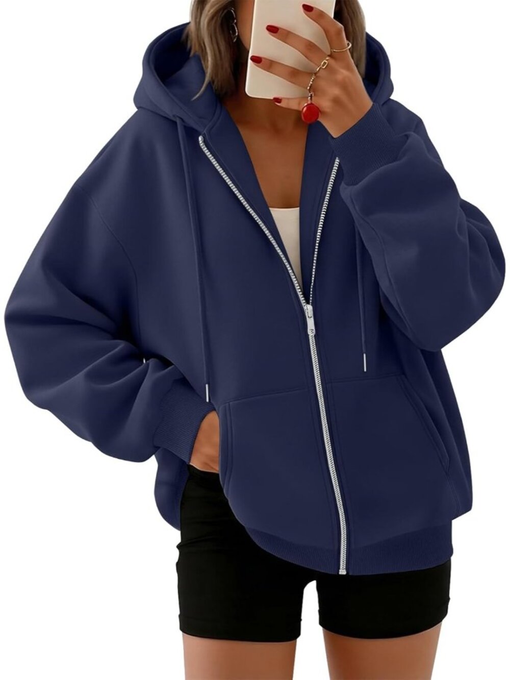 〽️Women Navy Blue Oversized Zip Up Hood Neck Cute Lightweight Winter Sweatshirt